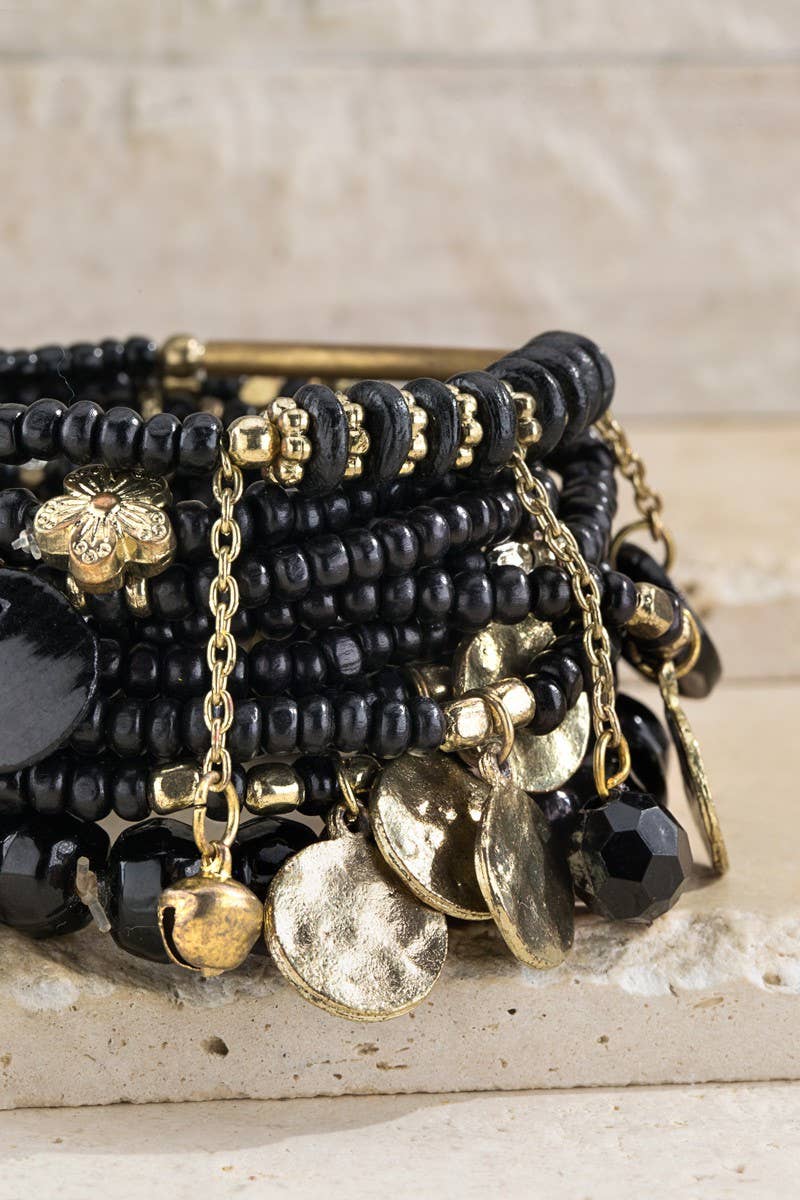 10 Layered Mix Bead Set Bracelet: Black(Bk) / OS