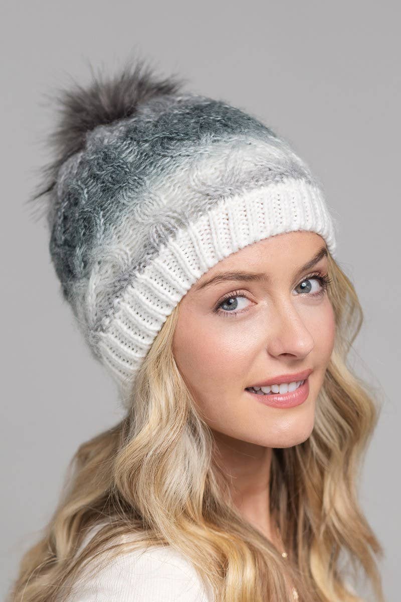 Ombre colored cable knitted Beanie: SNOW BALL