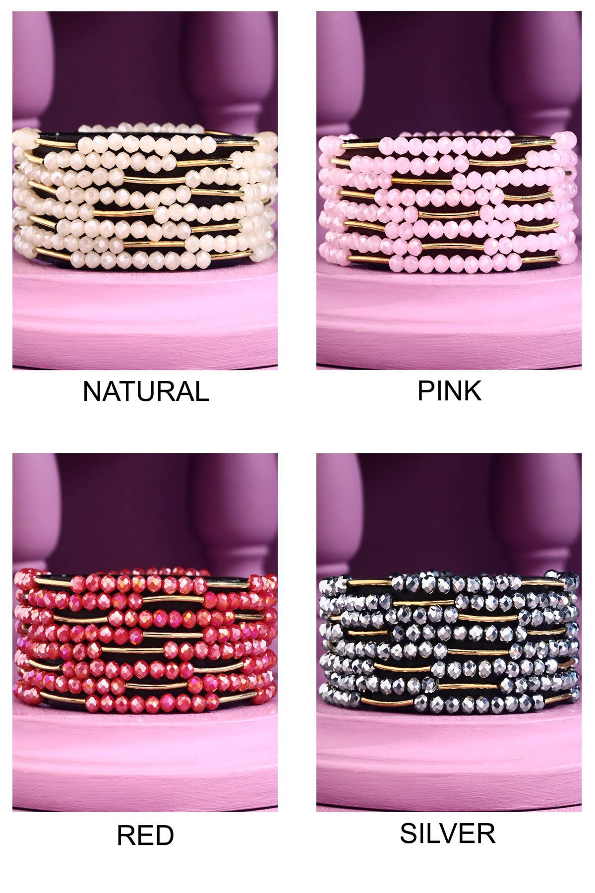 8 Layer Stackable Glass bead & Metal bracelet : PINK