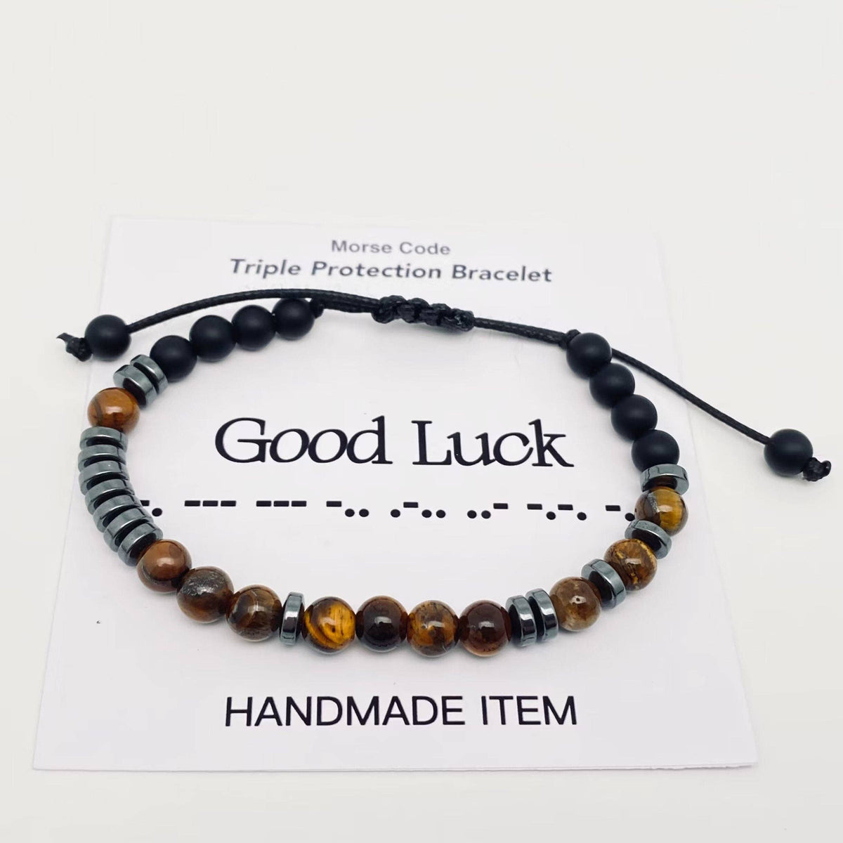 Morse Code 6mm Tiger's Eye Stone Beads Stretchable Bracelet: MISS YOU