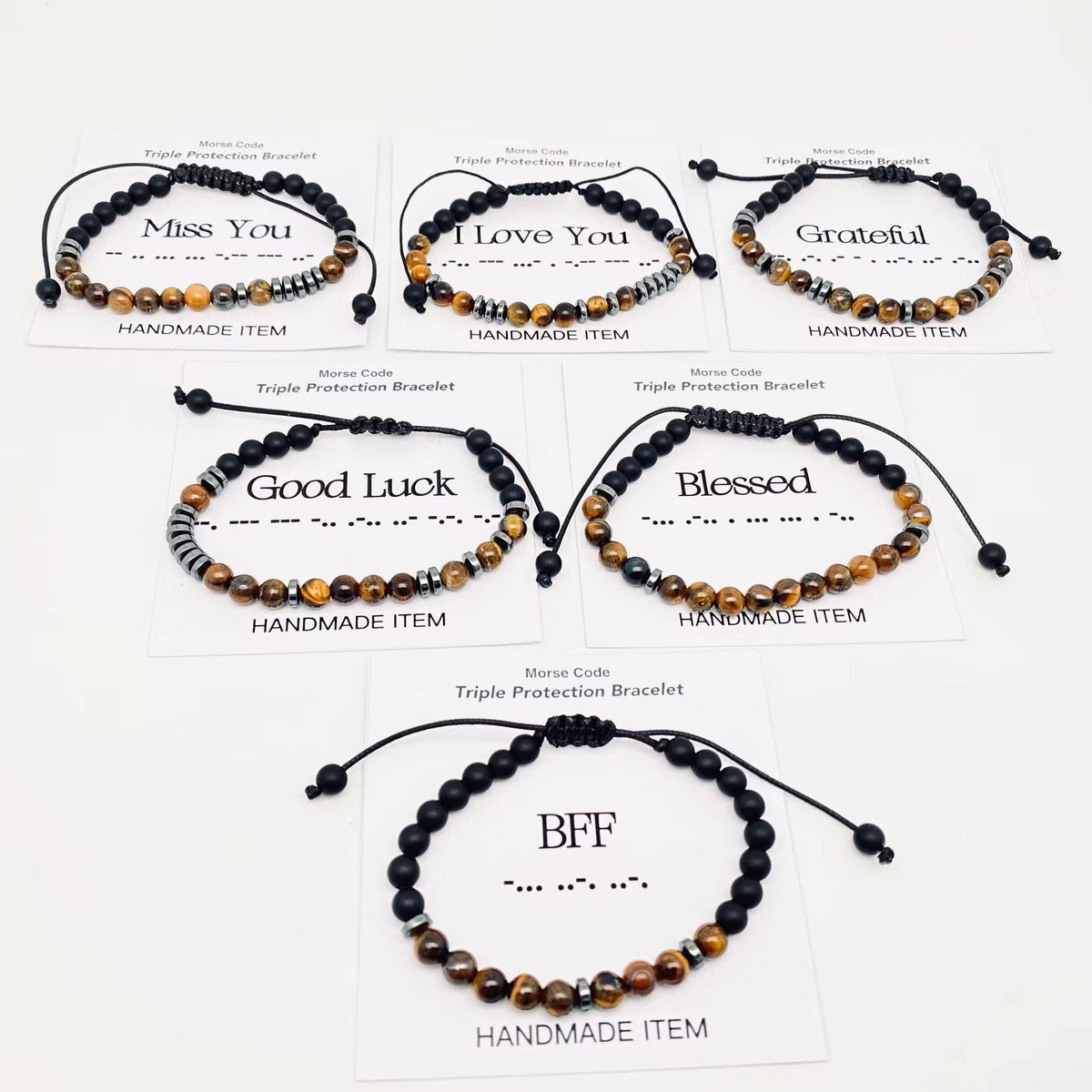 Morse Code 6mm Tiger's Eye Stone Beads Stretchable Bracelet: MISS YOU