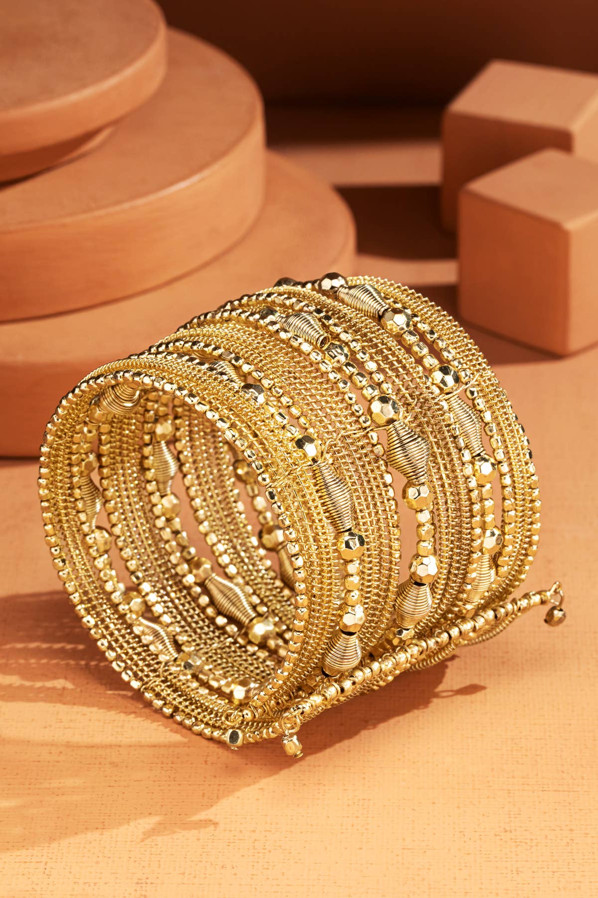 Multi-Layer Beaded Bangle Bracelet: Gold