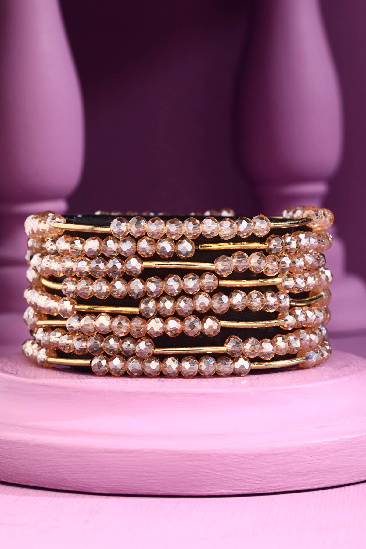 8 Layer Stackable Glass bead & Metal bracelet : PINK