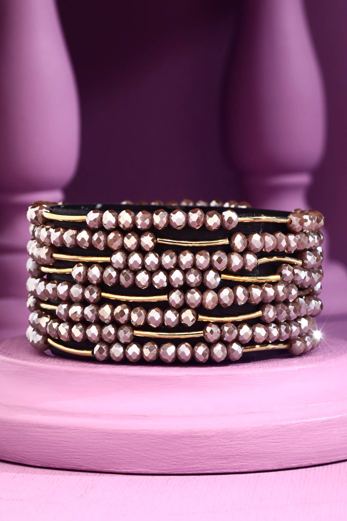 8 Layer Stackable Glass bead & Metal bracelet : PINK