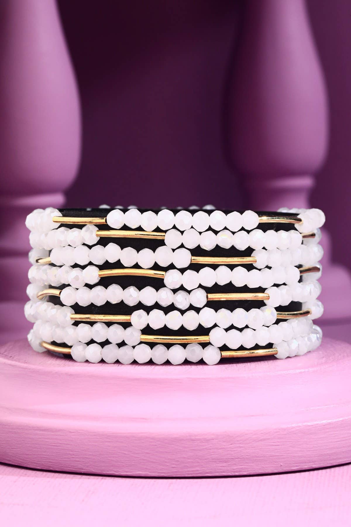 8 Layer Stackable Glass bead & Metal bracelet : PINK