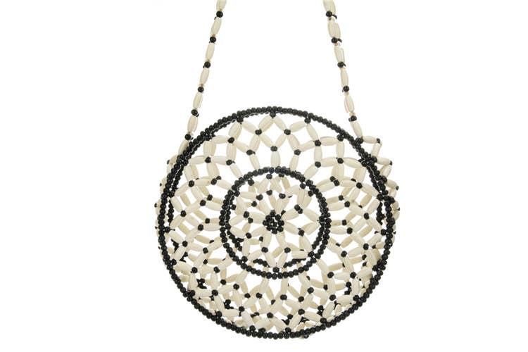 Ladies Wheel Design Wooden Beaded Cross Body Handbag: White