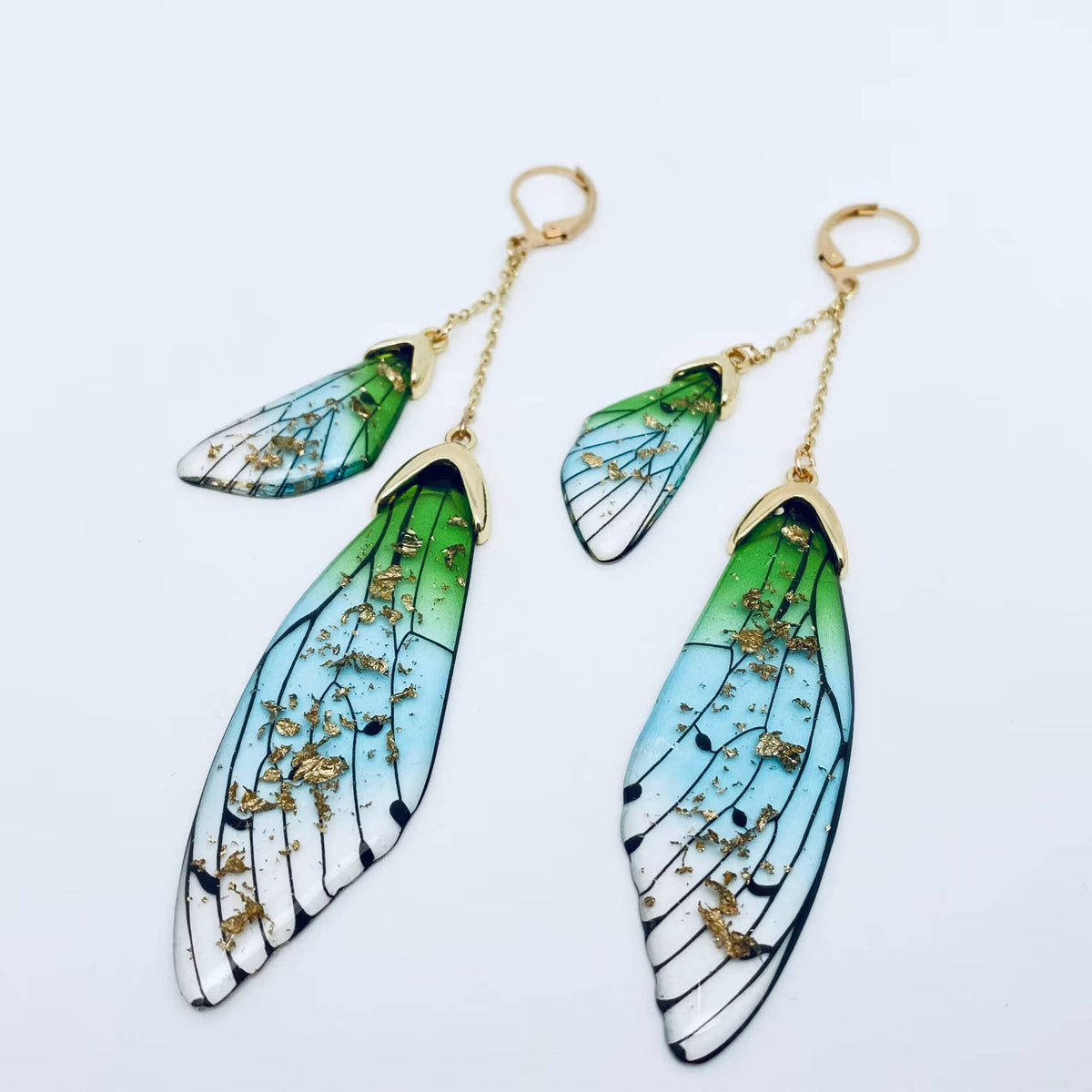 Butterfly Wings Ear Clip Gradient Color Cicada Wing Earrings: Blue-Gold Foil