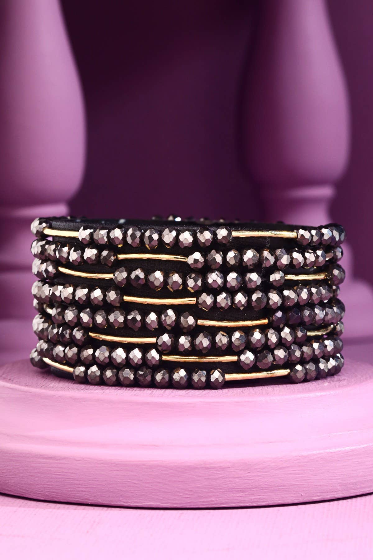 8 Layer Stackable Glass bead & Metal bracelet : PINK