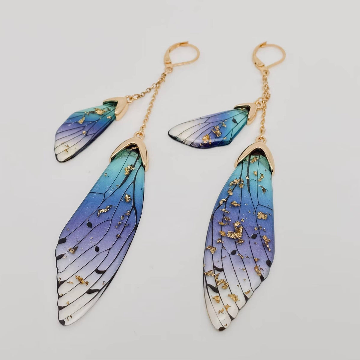 Butterfly Wings Ear Clip Gradient Color Cicada Wing Earrings: Blue-Gold Foil