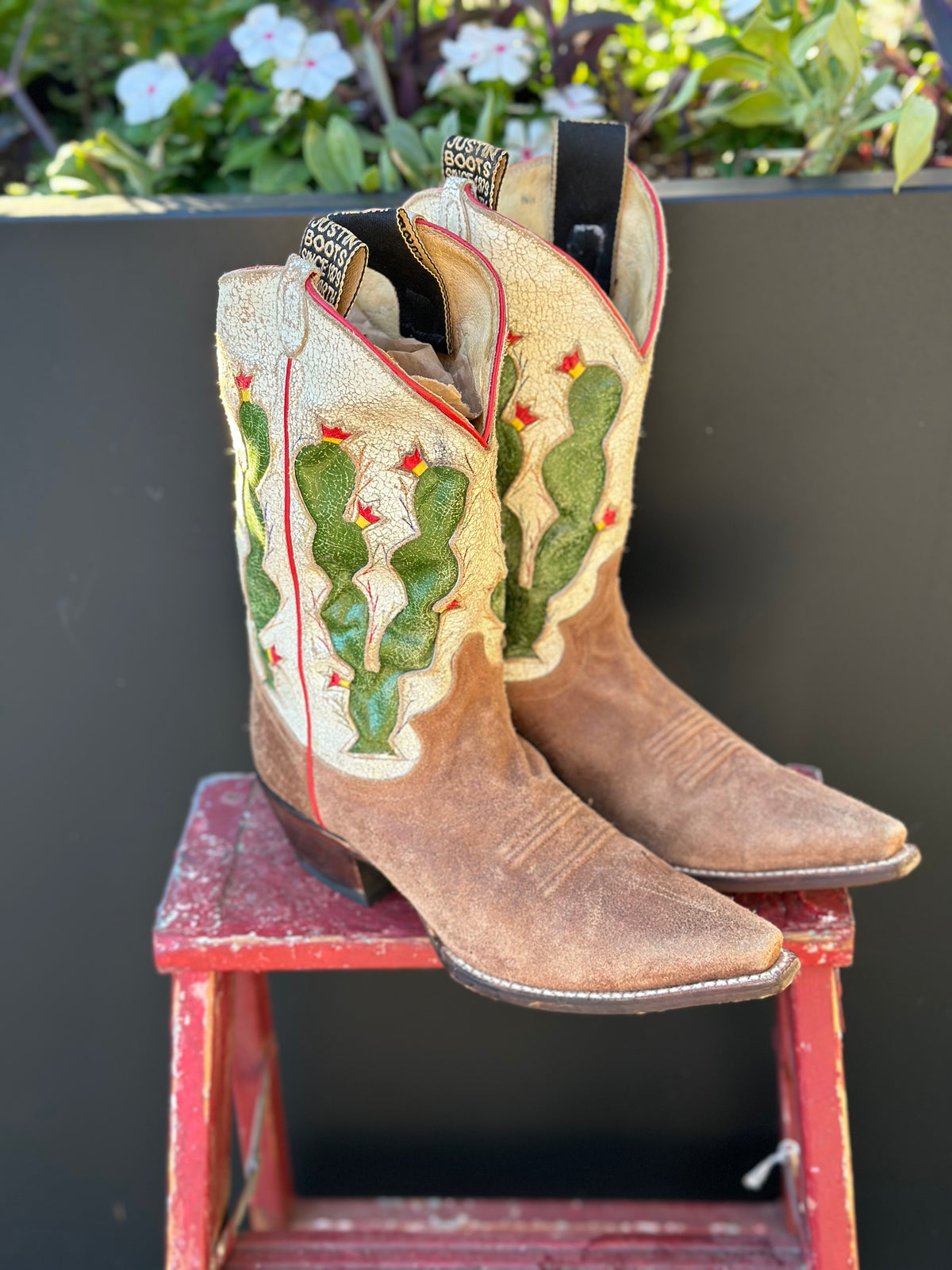 Resale Deals Justin Vintage Parchment Cactus Inlay Suede Mid calf Cowboy Western Boots Size 8B