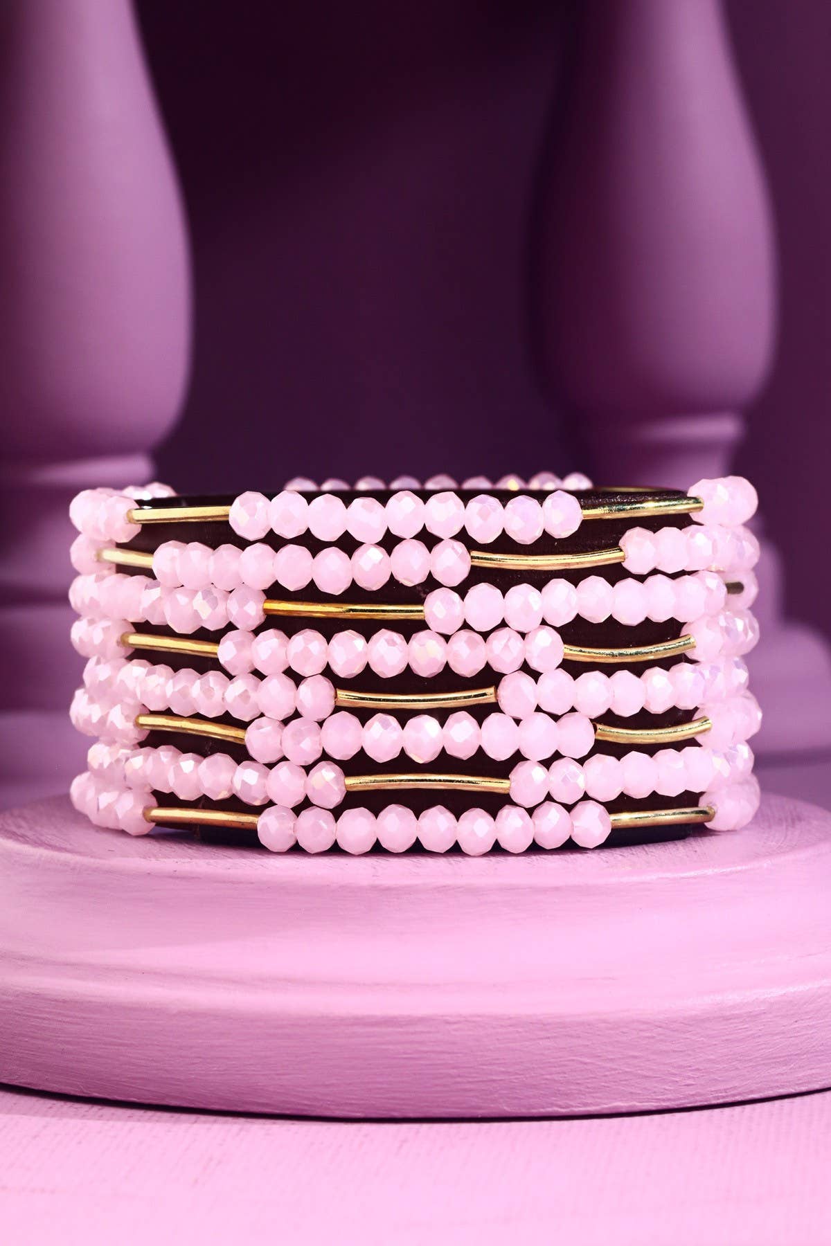 8 Layer Stackable Glass bead & Metal bracelet : PINK