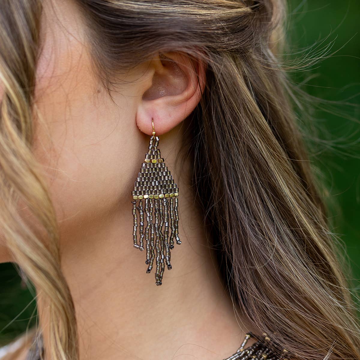 Seedbead Tapered Fringe Earrings: Lavish Blush