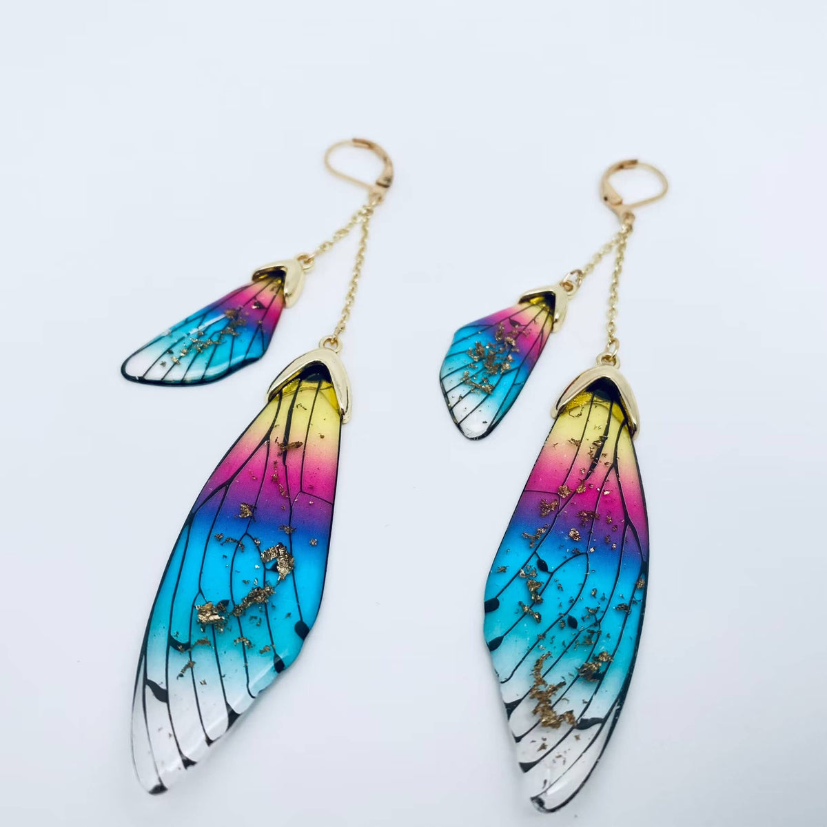 Butterfly Wings Ear Clip Gradient Color Cicada Wing Earrings: Blue-Gold Foil