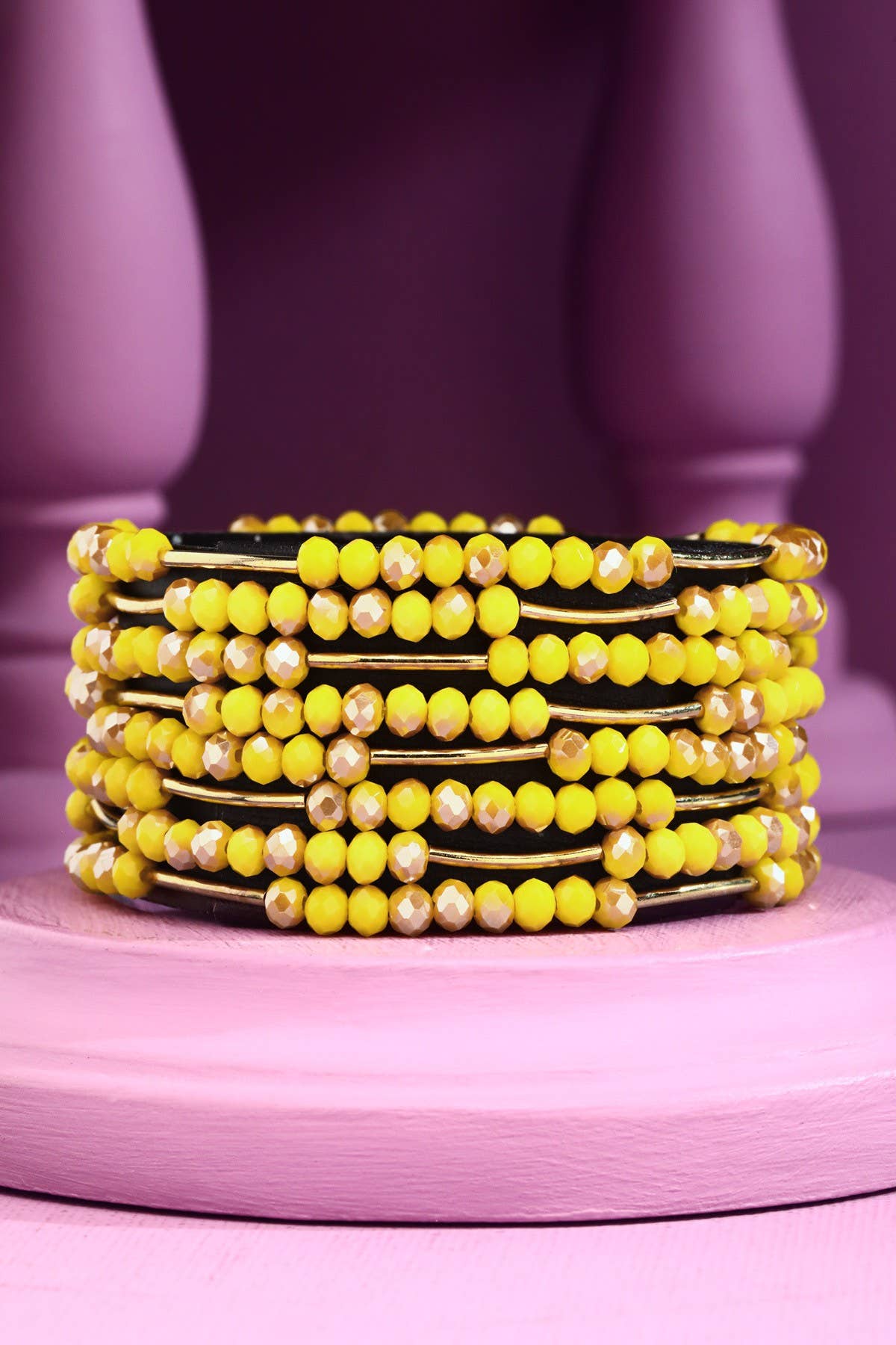 8 Layer Stackable Glass bead & Metal bracelet : PINK