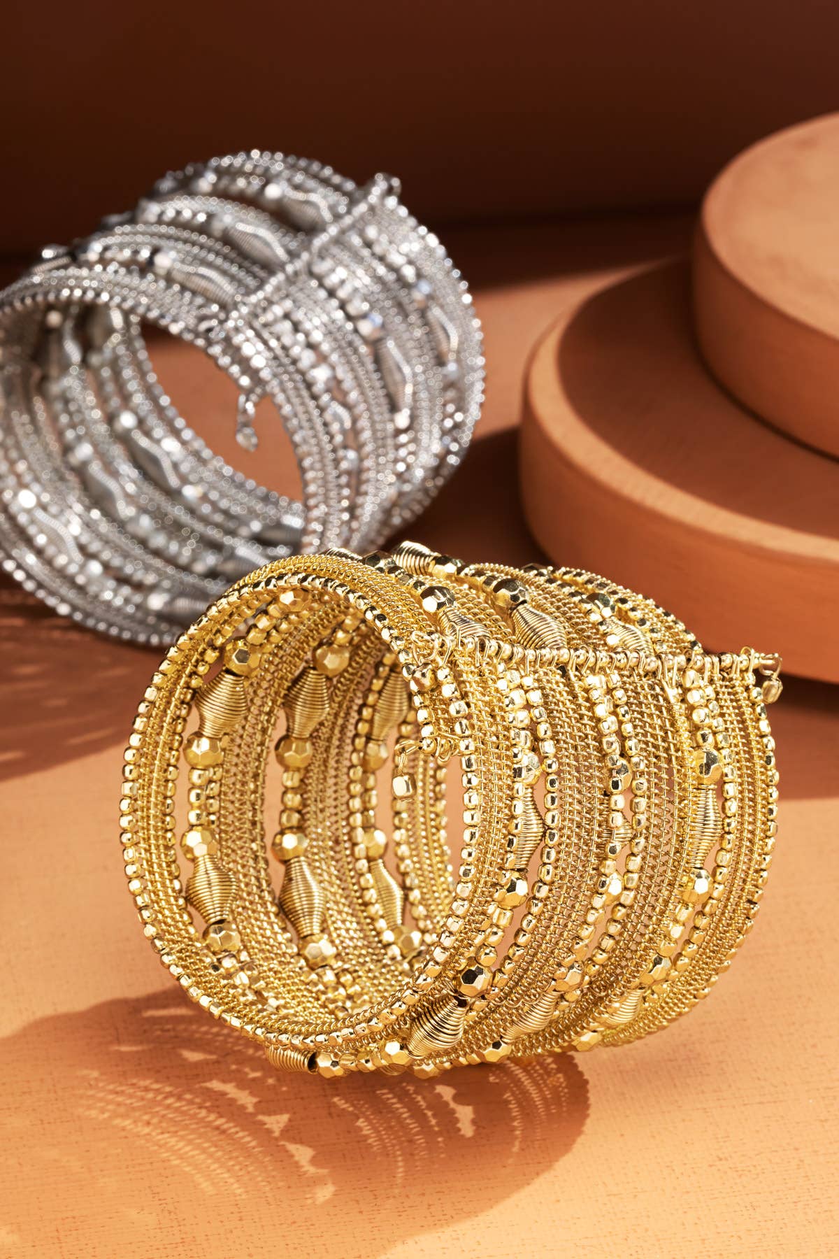 Multi-Layer Beaded Bangle Bracelet: Gold