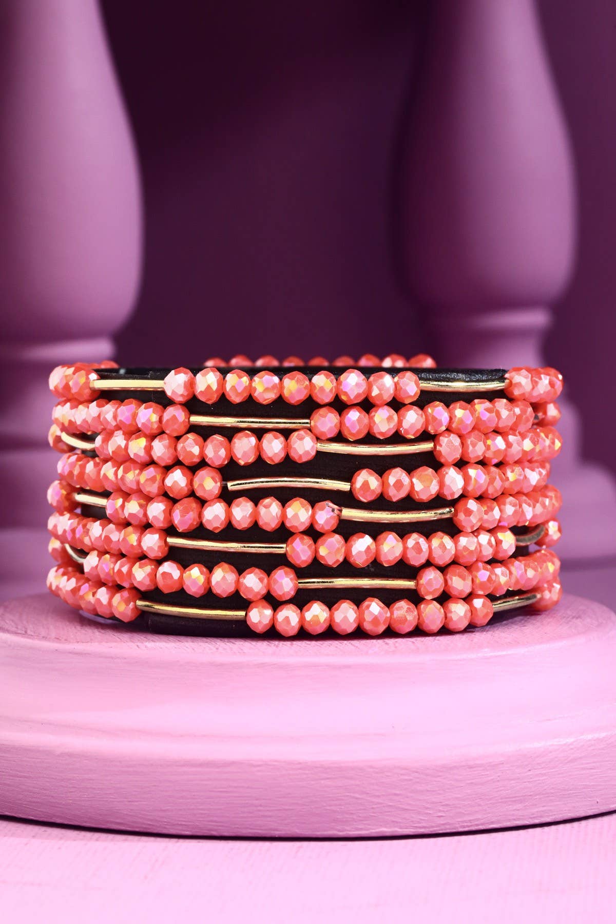 8 Layer Stackable Glass bead & Metal bracelet : PINK