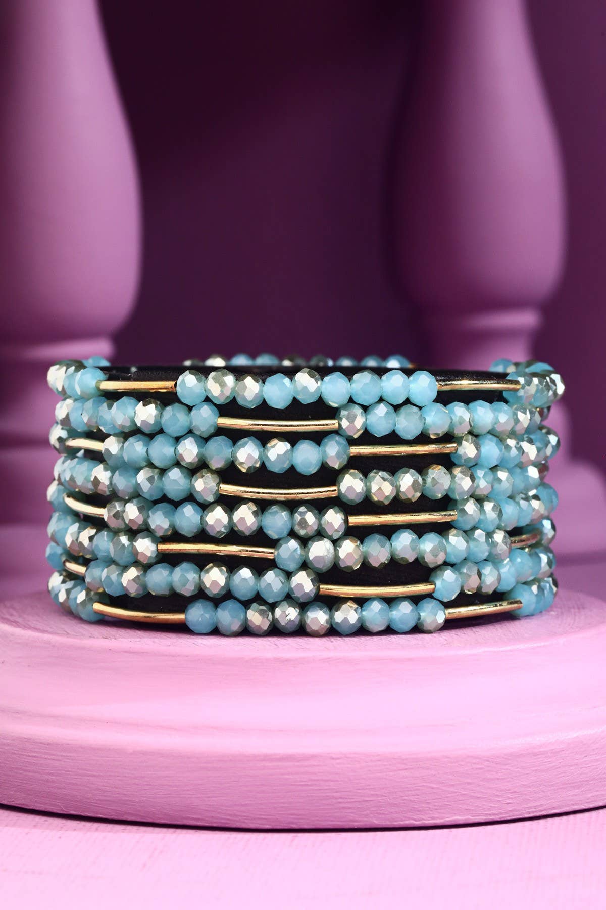 8 Layer Stackable Glass bead & Metal bracelet : MIDNIGHT BLACK(GDBKAB)