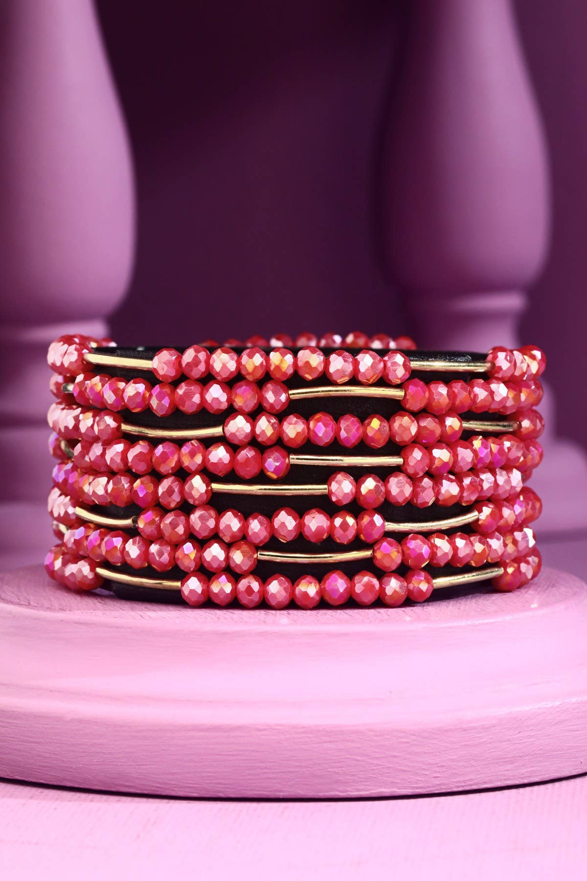 8 Layer Stackable Glass bead & Metal bracelet : PINK