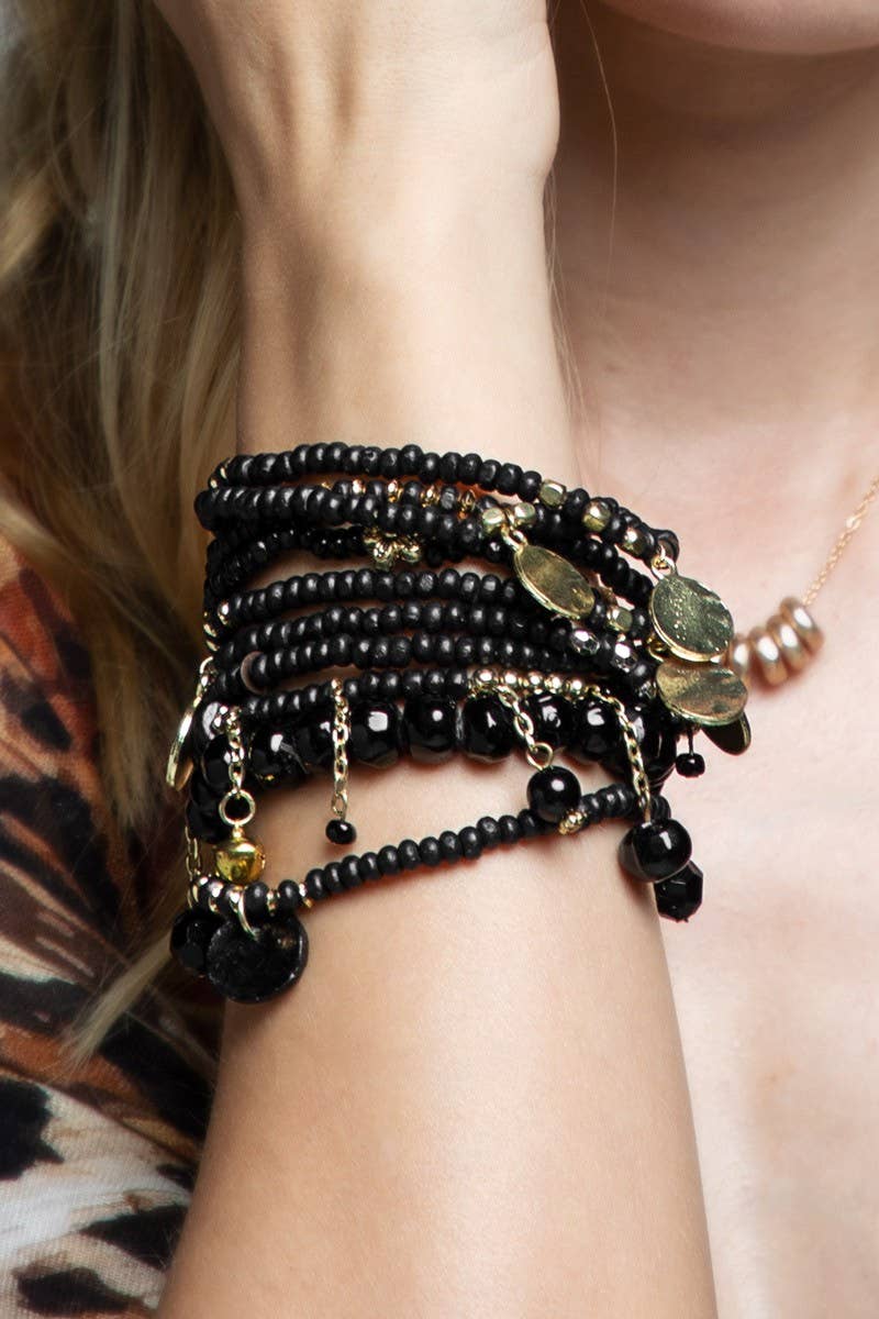 10 Layered Mix Bead Set Bracelet: Black(Bk) / OS