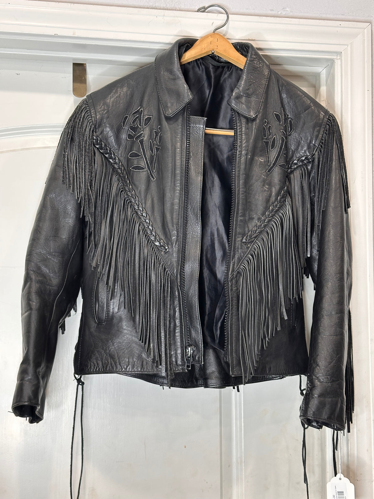 Black  Leather Motorcycle Jacket Rose Cut Tassel Small