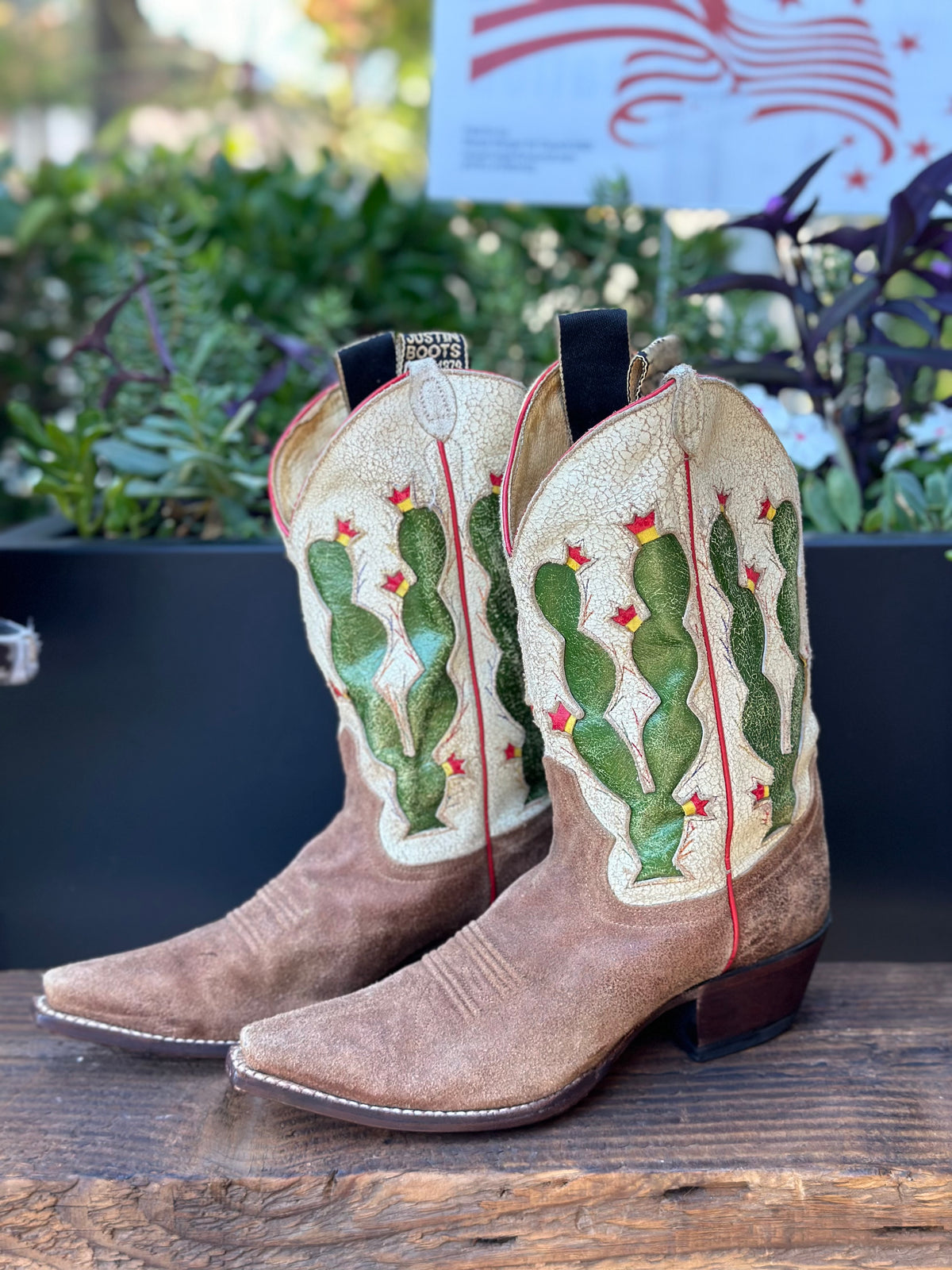 Resale Deals Justin Vintage Parchment Cactus Inlay Suede Mid calf Cowboy Western Boots Size 8B