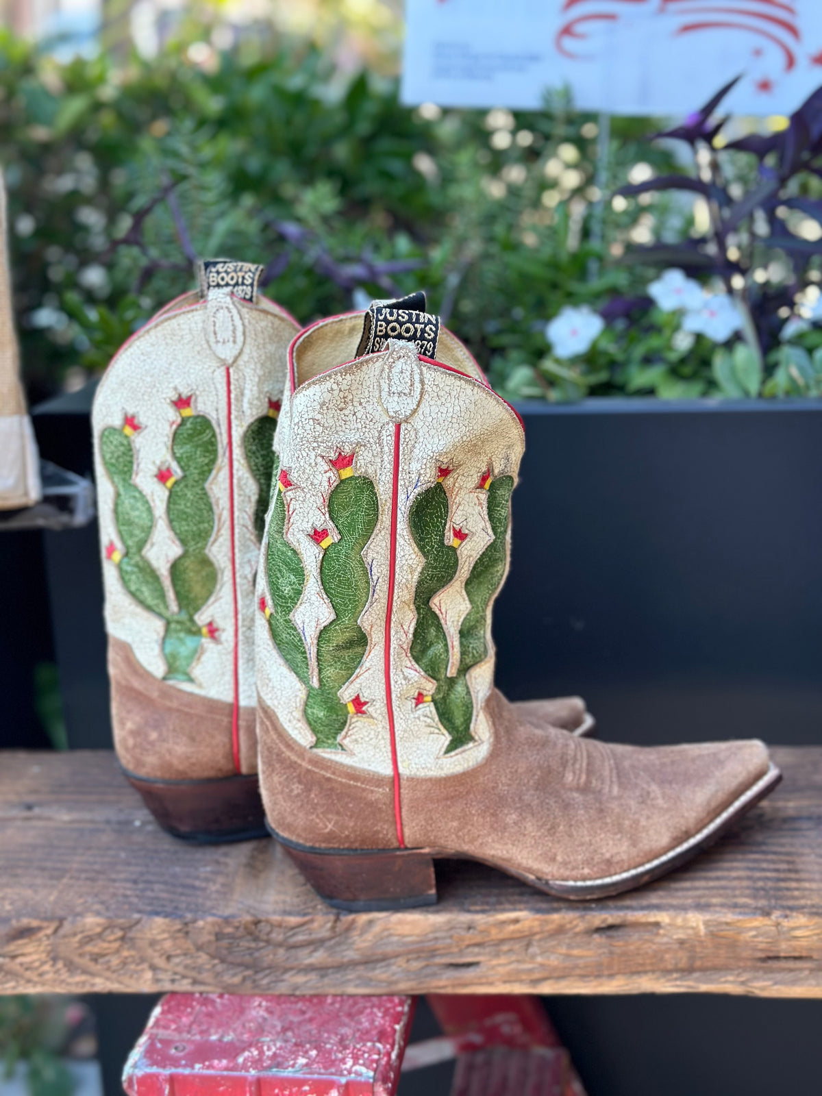 Resale Deals Justin Vintage Parchment Cactus Inlay Suede Mid calf Cowboy Western Boots Size 8B