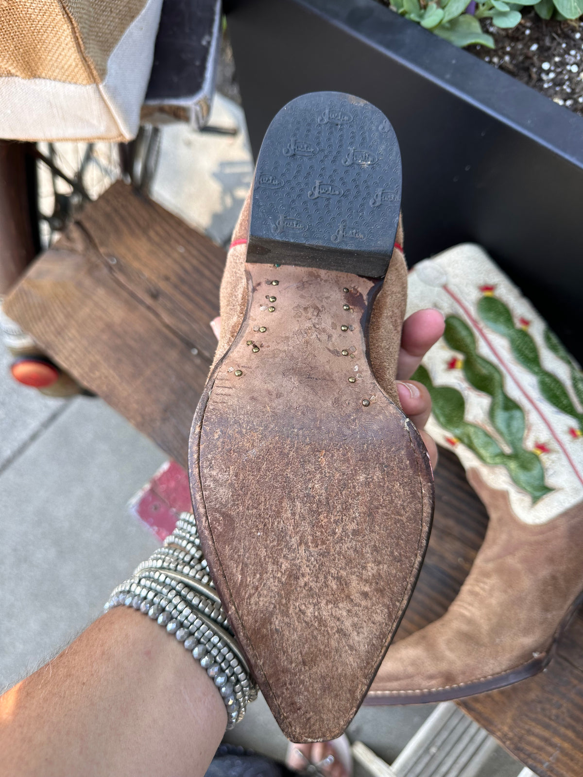 Resale Deals Justin Vintage Parchment Cactus Inlay Suede Mid calf Cowboy Western Boots Size 8B