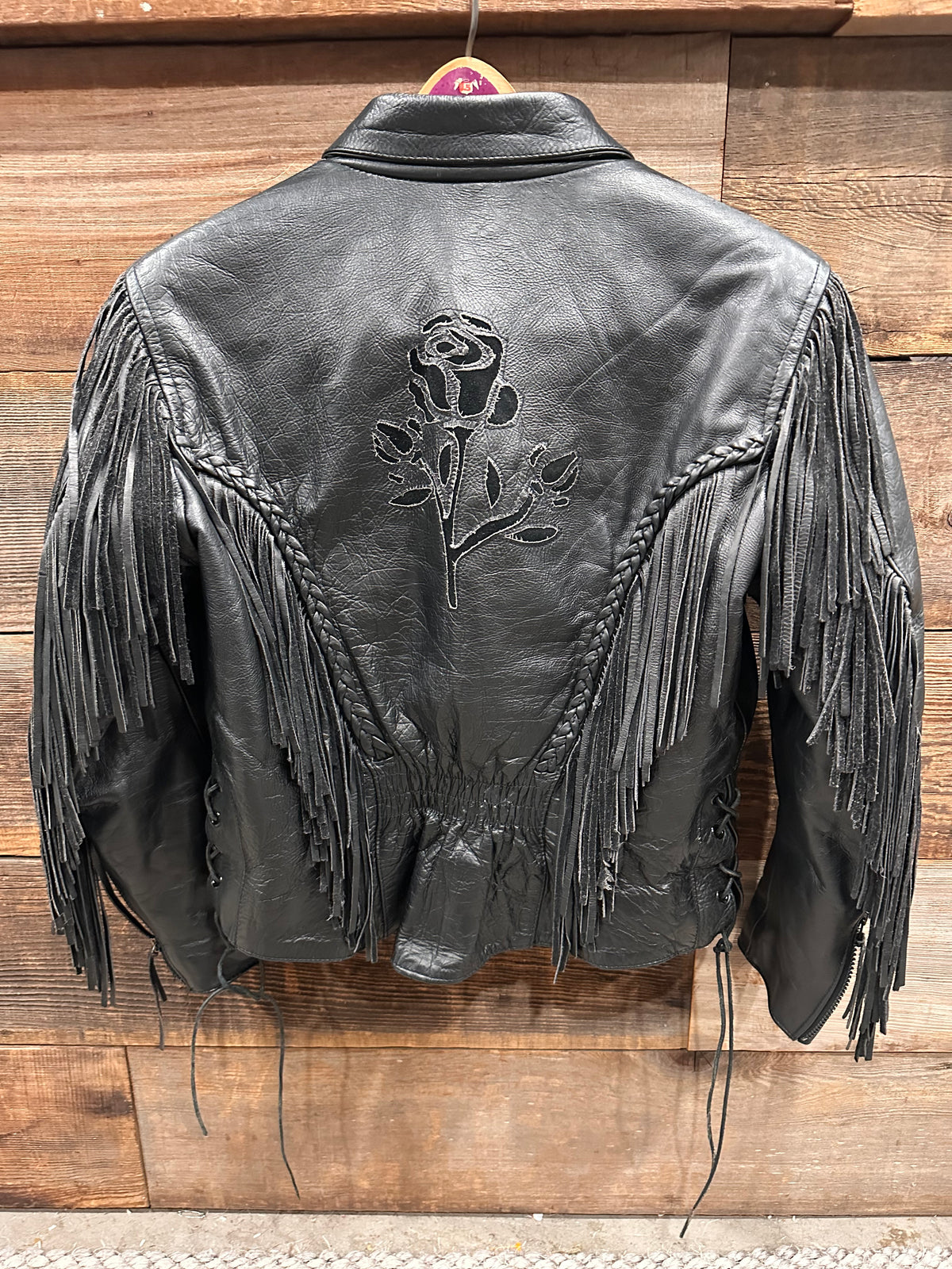 Black  Leather Motorcycle Jacket Rose Cut Tassel Small