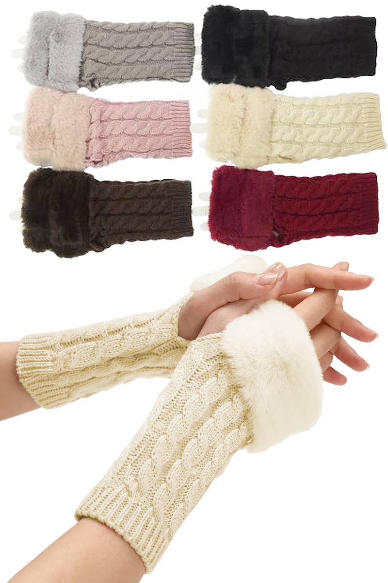 Women's Faux Fur Cable Braided Knitted Fingerless Arm Warmer