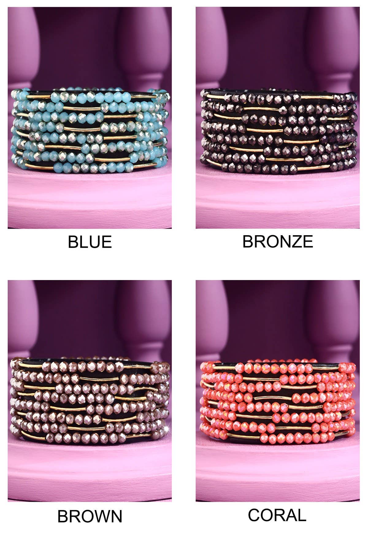 8 Layer Stackable Glass bead & Metal bracelet : PINK