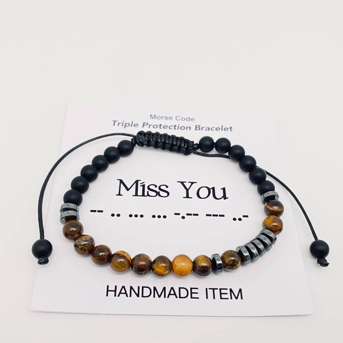 Morse Code 6mm Tiger's Eye Stone Beads Stretchable Bracelet: MISS YOU