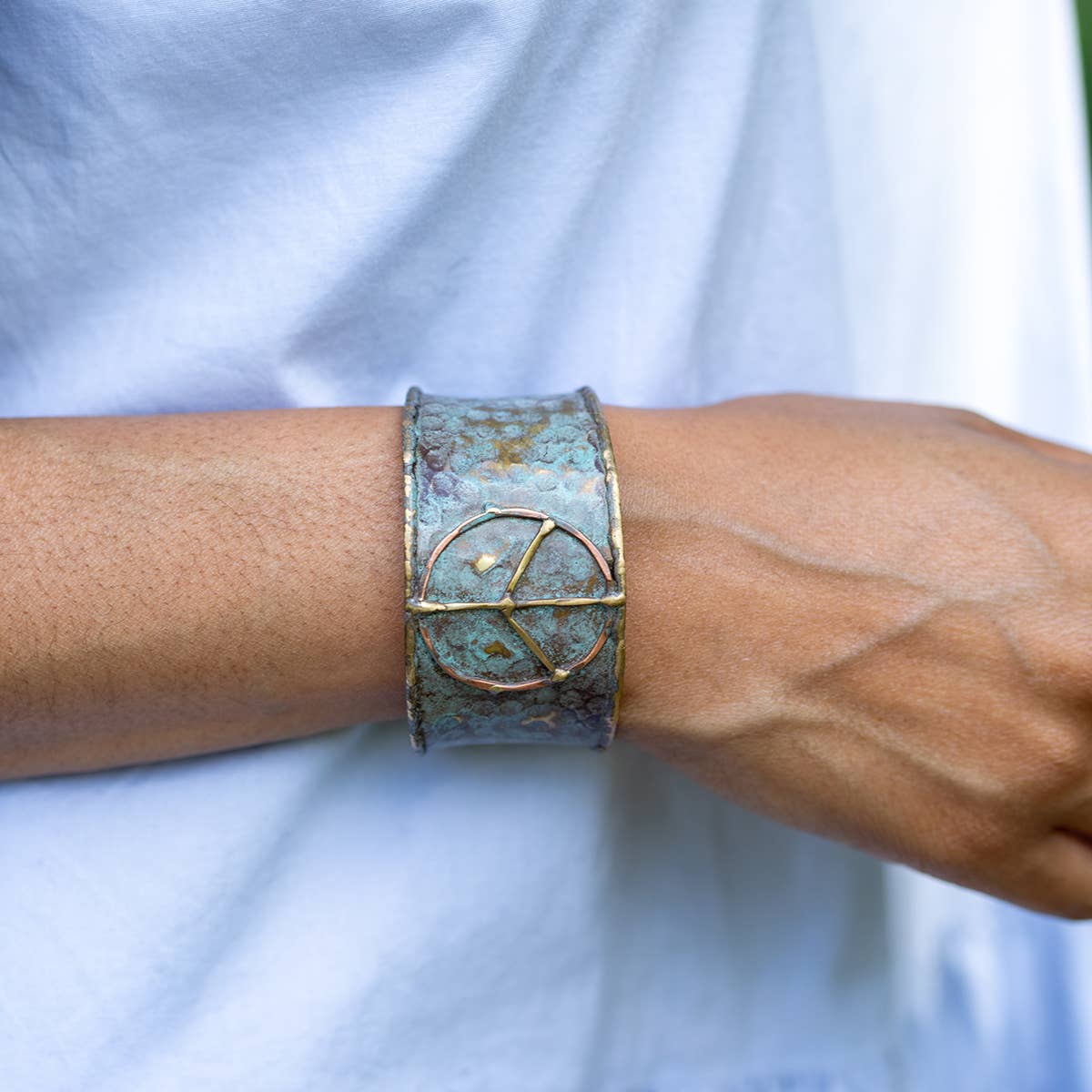 Brass Patina Cuff Bracelet - Rustic Blue Peace Sign