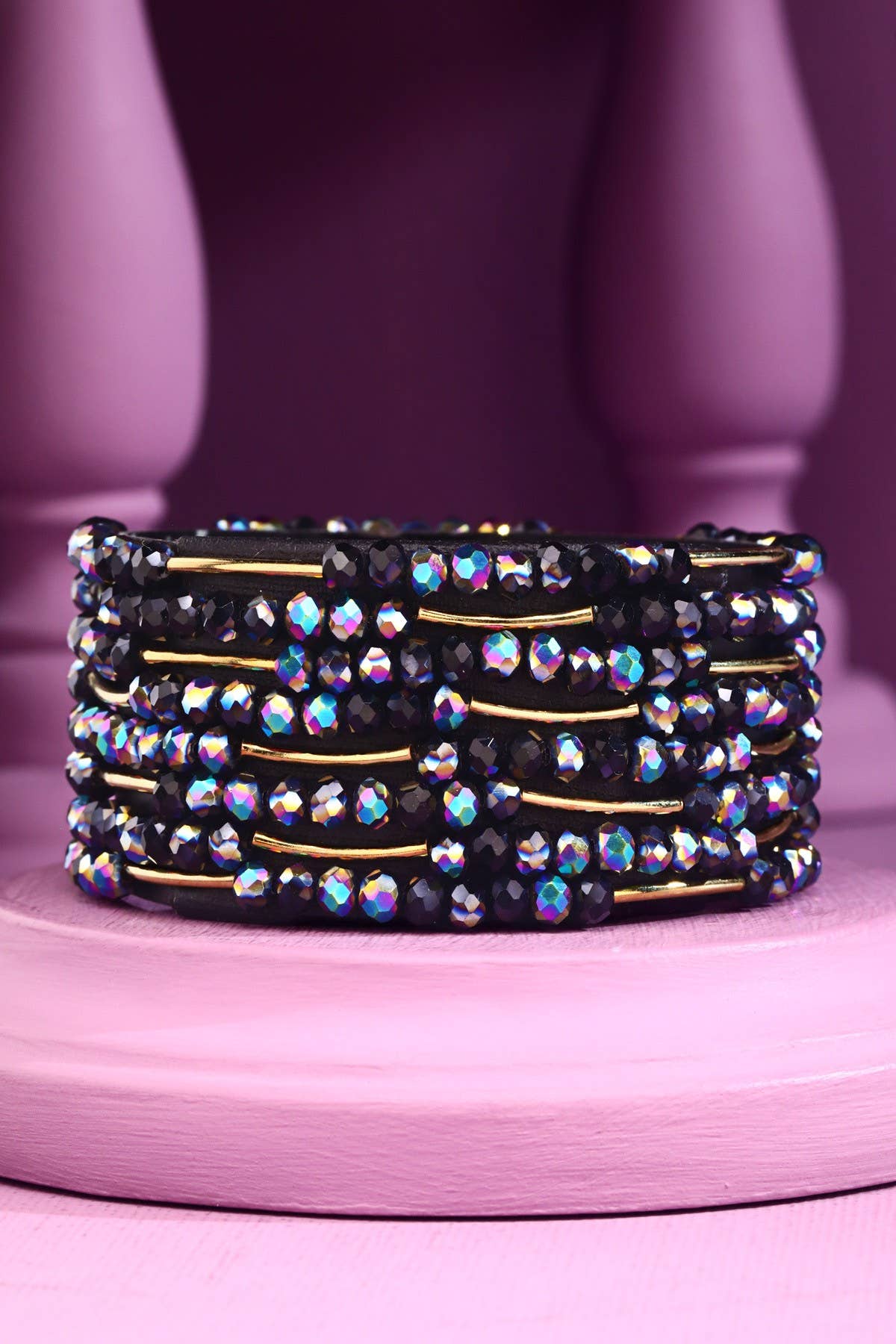 8 Layer Stackable Glass bead & Metal bracelet : MIDNIGHT BLACK(GDBKAB)