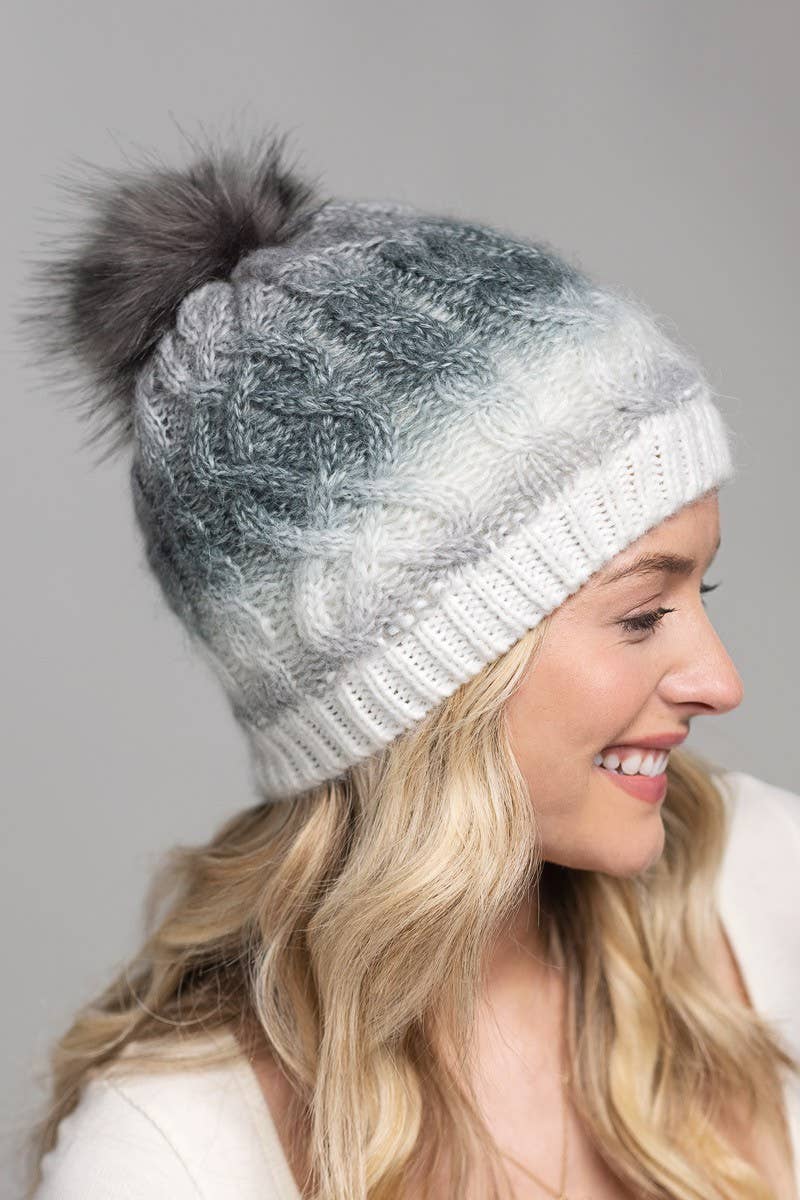 Ombre colored cable knitted Beanie: SNOW BALL