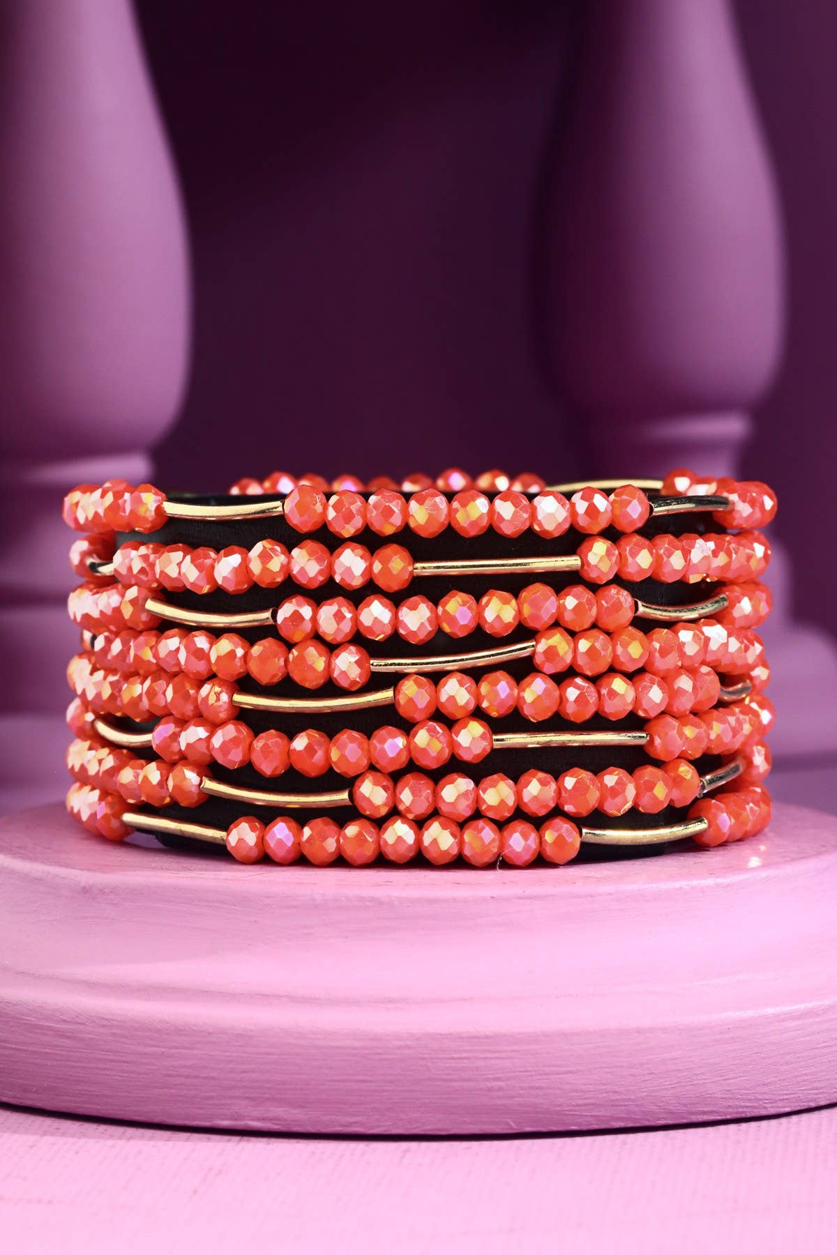 8 Layer Stackable Glass bead & Metal bracelet : PINK