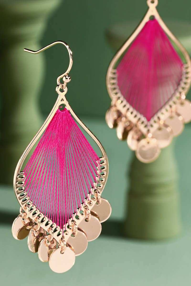 Leaf Shaped Dangle Earrings with Charms: Hot Pink