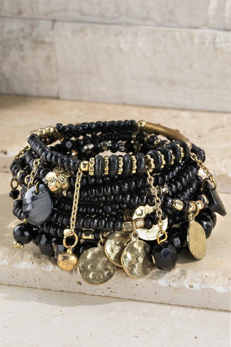 10 Layered Mix Bead Set Bracelet: Black(Bk) / OS