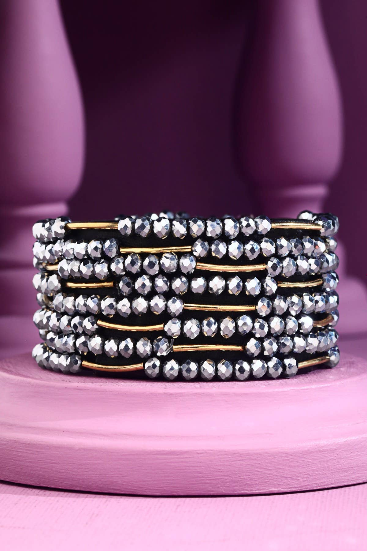 8 Layer Stackable Glass bead & Metal bracelet : MIDNIGHT BLACK(GDBKAB)