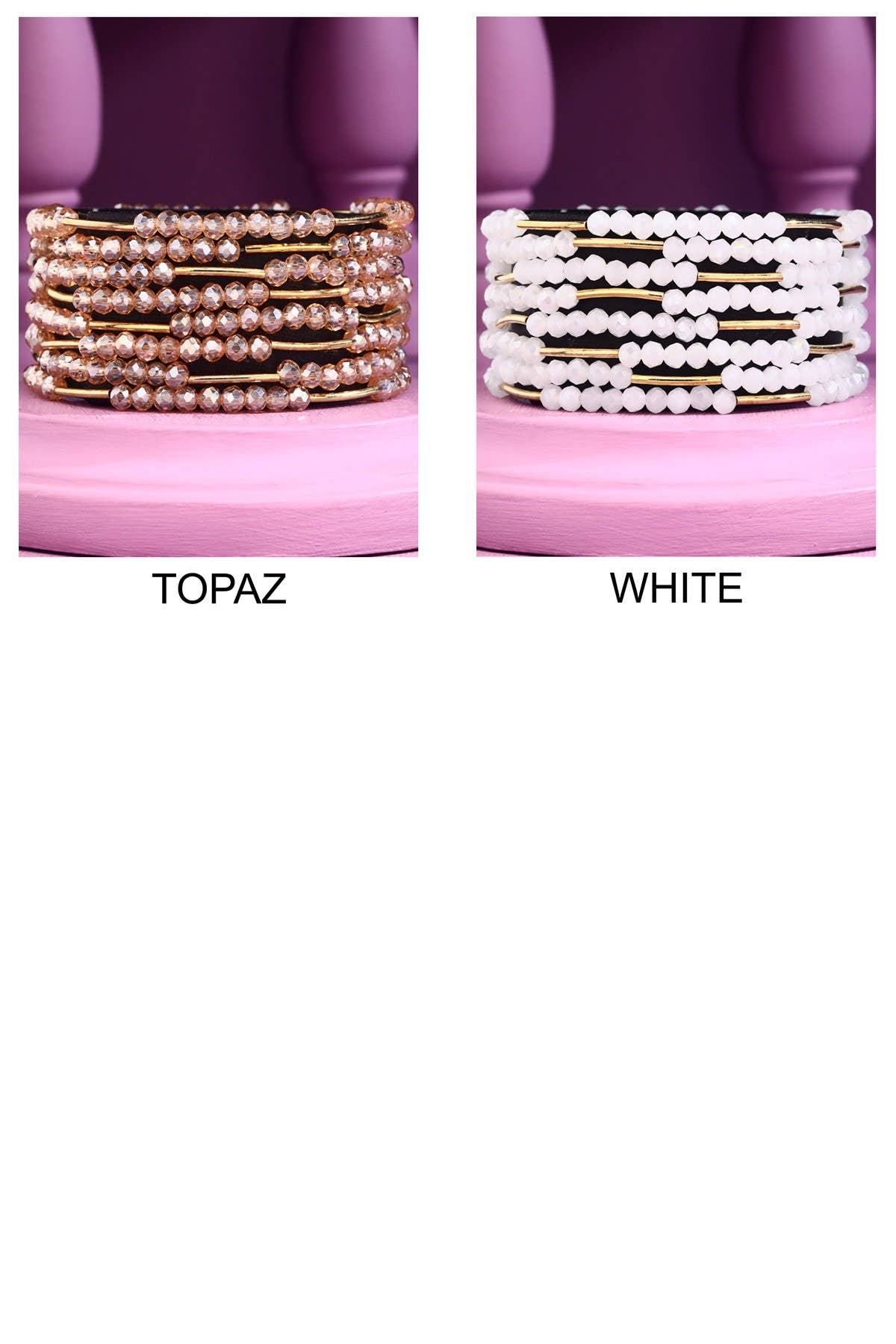 8 Layer Stackable Glass bead & Metal bracelet : PINK