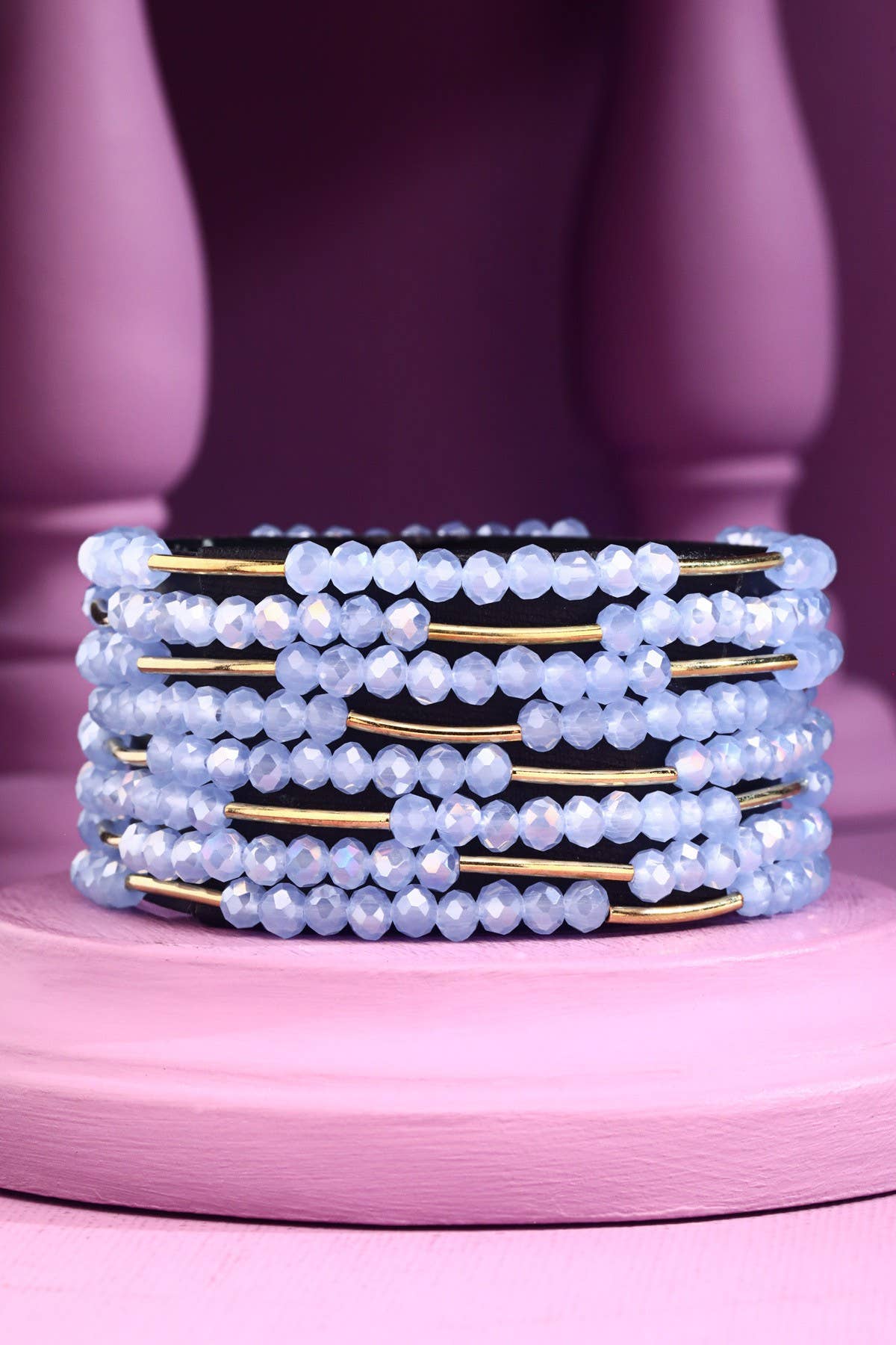 8 Layer Stackable Glass bead & Metal bracelet : LIGHT BLUE