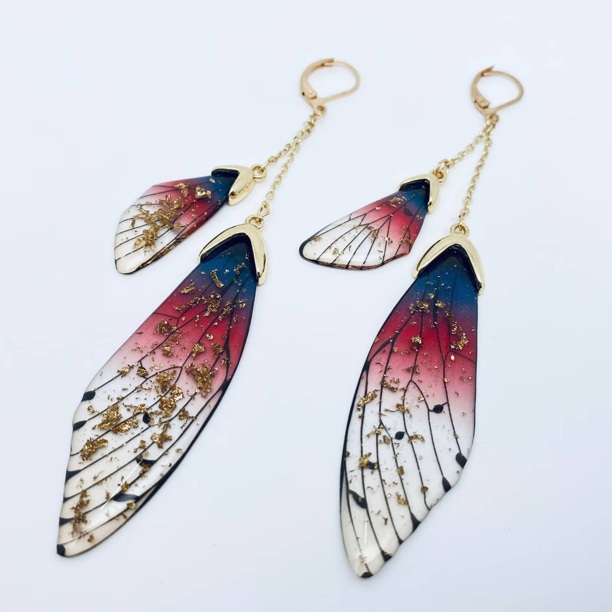 Butterfly Wings Ear Clip Gradient Color Cicada Wing Earrings: Blue-Gold Foil