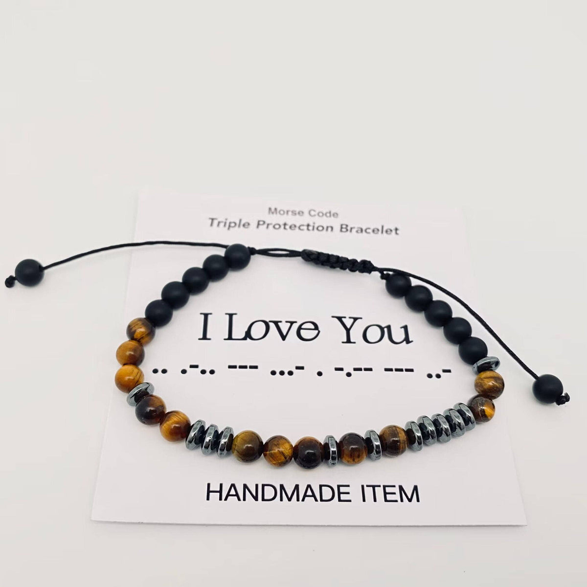 Morse Code 6mm Tiger's Eye Stone Beads Stretchable Bracelet: MISS YOU