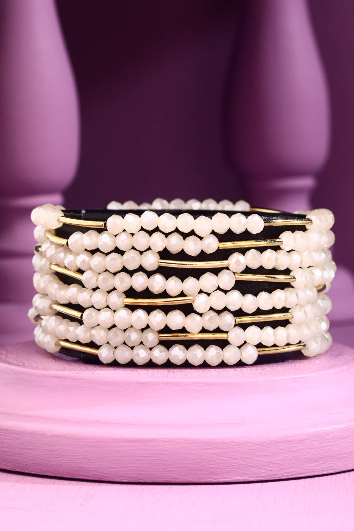 8 Layer Stackable Glass bead & Metal bracelet : PINK