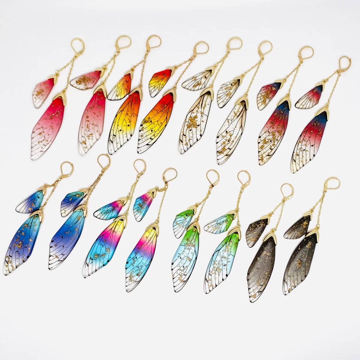 Butterfly Wings Ear Clip Gradient Color Cicada Wing Earrings: Blue-Gold Foil