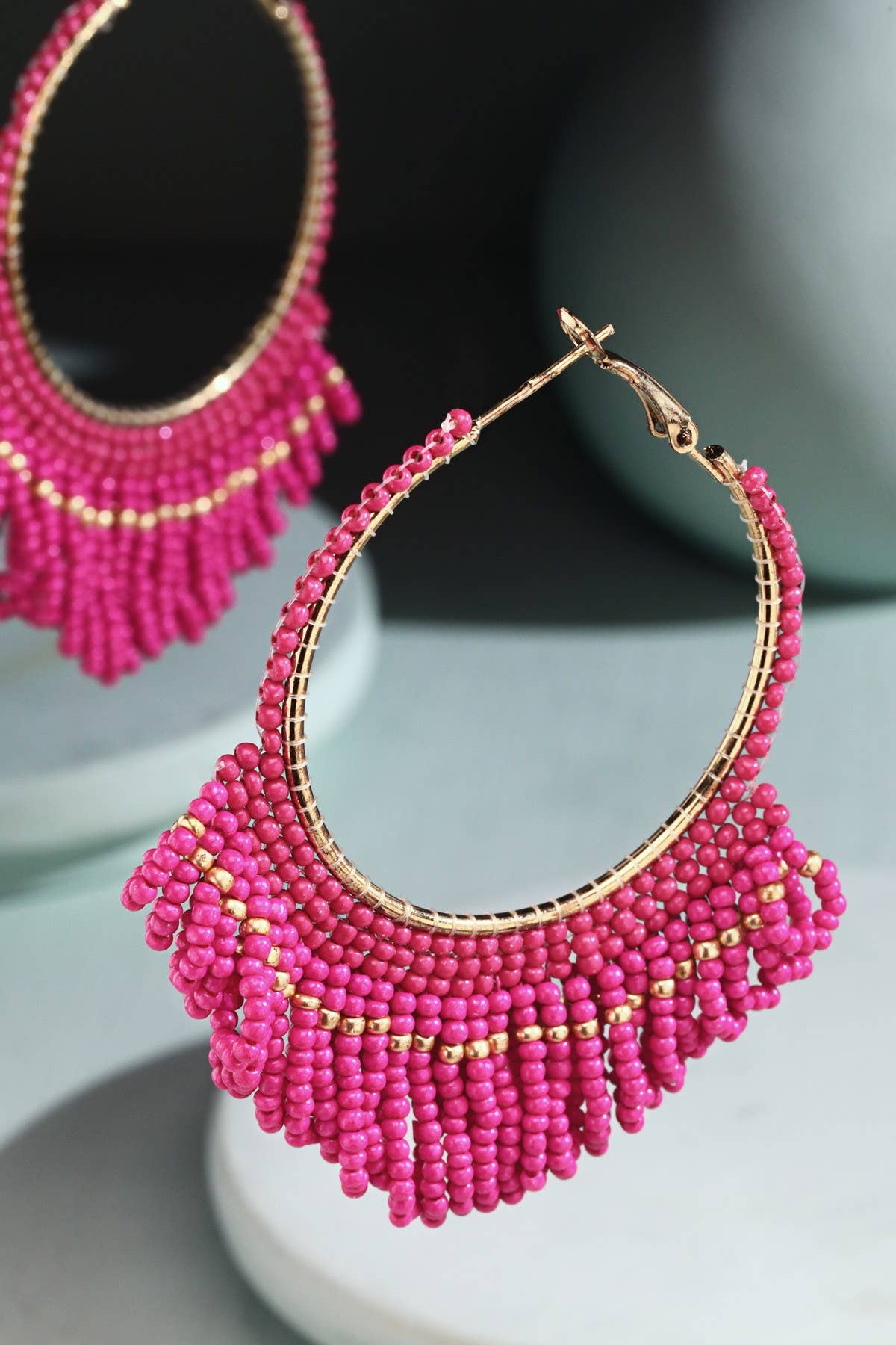 Seed Bead Loop Tassel Hoop Earring : FUCHSIA(GDFUS)